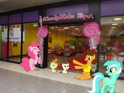 Size: 4288x3216 | Tagged: safe, artist:manemanera, cheese sandwich, lyra heartstrings, pinkie pie, pound cake, pumpkin cake, g4, irl, mall, photo, ponies in real life