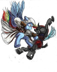 Size: 1691x2161 | Tagged: safe, artist:thelivingshadow, rainbow dash, changeling, g4, assassin's creed, assassin's creed ii, crossover, ezio auditore, hidden blade