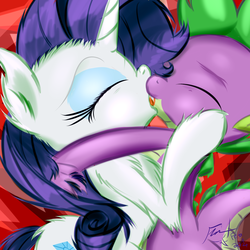 Size: 2400x2400 | Tagged: safe, artist:frist44, rarity, spike, dragon, pony, unicorn, g4, cute, duo, female, fluffy, french kiss, kissing, male, ship:sparity, shipping, straight