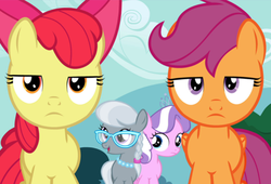 Size: 768x522 | Tagged: safe, screencap, apple bloom, diamond tiara, scootaloo, silver spoon, g4, twilight time, cutie mark crusaders, exploitable