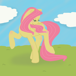 Size: 900x900 | Tagged: safe, artist:imperfectpancakes, fluttershy, g4, bedroom eyes, blushing, cute, female, looking back, pose, raised hoof, raised leg, smiling, solo