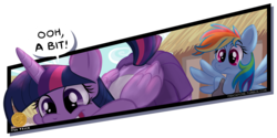 Size: 1200x599 | Tagged: safe, artist:1trick, rainbow dash, twilight sparkle, alicorn, anthro, g4, attention deficit disorder, attention deficit ooo shiny, bent over, bits, clothes, dialogue, eyes on the prize, female, frown, grin, lesbian, looking at butt, open mouth, out of frame, ship:twidash, shipping, skirt, smiling, spread wings, twilight sparkle (alicorn), wingboner