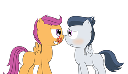 Size: 2425x1400 | Tagged: safe, artist:pvryohei, rumble, scootaloo, g4, bedroom eyes, blushing, female, flower, male, ship:rumbloo, shipping, straight