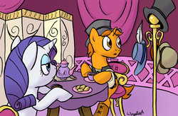 Size: 900x592 | Tagged: safe, artist:wingbeatpony, rarity, oc, pony, unicorn, g4, bowler hat, carousel boutique, chair, clothes, crumpet (griddle cake), eyes on the prize, hat, hoof hold, sitting, table, tea, tea party, top hat, unamused, unimpressed