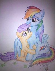 Size: 1016x1305 | Tagged: safe, artist:rainbowdashzpegasus, rainbow dash, scootaloo, g4, hug, scootalove, winghug