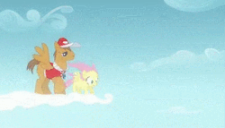 Size: 1000x575 | Tagged: safe, screencap, fluttershy, rivet, pegasus, pony, g4, hurricane fluttershy, season 2, animated, cloud, cloudsdale, cloudy, coach, duo, female, filly, filly fluttershy, flashback, flight camp, flutterbuse, gif, hat, kick, kick in the butt, male, spin, stallion, whistle, younger