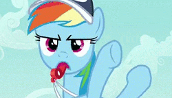 Size: 1000x575 | Tagged: safe, screencap, rainbow dash, g4, hurricane fluttershy, animated, blowing, female, hat, low quality, rainblow dash, rainbow dashs coaching whistle, solo, spit, spitting, whistle, whistle necklace