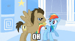 Size: 640x350 | Tagged: safe, edit, edited screencap, screencap, doctor whooves, rainbow dash, time turner, pegasus, pony, g4, sonic rainboom (episode), allons-y, animated, duo, hay, image macro, meme