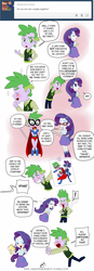 Size: 669x1920 | Tagged: safe, artist:pia-sama, radiance, rarity, spike, ask eg spike x rarity, equestria girls, g4, power ponies (episode), comic strip, cosplay, female, human spike, humdrum costume, male, power ponies, ship:sparity, shipping, straight