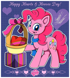 Size: 1080x1200 | Tagged: safe, artist:fuzon-s, pinkie pie, g4, basket, bow, clothes, female, happy, heart, hearts and hooves day, logo, present, scarf, smiling, solo, sonic channel, style emulation, valentine, valentine's day, yuji uekawa style