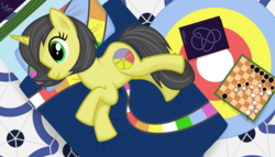 Size: 11200x6400 | Tagged: safe, artist:parclytaxel, oc, oc only, oc:pauly sentry, pony, unicorn, .svg available, absurd resolution, bed, book, carpet, chess, lounging, penrose tiling, present, rainbow panorama, soft shading, solo, vector