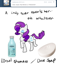 Size: 680x780 | Tagged: safe, artist:moonblizzard, rarity, g4, ask, female, rarity answers, shampoo, soap, solo, tumblr