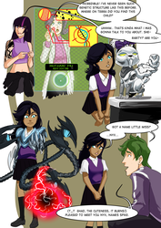 Size: 2894x4093 | Tagged: safe, artist:smilingdogz, opalescence, rarity, spike, twilight sparkle, oc, oc:nyx, cyborg, robot, g4, belly button, clothes, dark skin, dna, humanized, implied pregnancy, midriff, nightmare nyx, school uniform, schoolgirl, skirt, socks, sweater vest