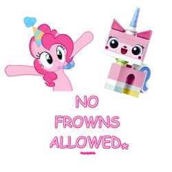 Size: 1200x1200 | Tagged: safe, pinkie pie, g4, comic sans, crossover, lego, pink text, simple background, smile police, smiling, text, the lego movie, unikitty, white background