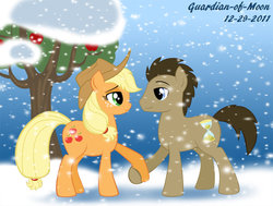 Size: 900x682 | Tagged: safe, artist:guardian-of-moon, applejack, doctor whooves, time turner, g4, female, male, ship:applewhooves, shipping, snow, snowfall, straight, tree