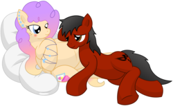 Size: 15600x9600 | Tagged: safe, artist:xniclord789x, oc, oc only, oc:ash, oc:caine, absurd resolution, blushing, bracelet, female, male, on back, pillow, pregnant, shipping, side cuddling, simple background, smiling, straight, transparent background