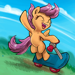 Size: 1600x1600 | Tagged: safe, artist:kp-shadowsquirrel, scootaloo, pegasus, pony, g4, bipedal, blank flank, cute, cutealoo, eyes closed, female, filly, foal, open mouth, scooter, signature, sky, smiling, solo, spread wings, wings