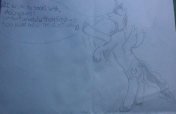 Size: 1099x713 | Tagged: safe, artist:lupin quill, princess luna, g4, eyes closed, singing, song parody, song reference