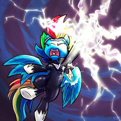 Size: 1600x1600 | Tagged: safe, artist:kp-shadowsquirrel, rainbow dash, zapp, pegasus, pony, g4, power ponies (episode), action pose, clothes, eyes closed, female, lightning, mare, open mouth, power ponies, solo