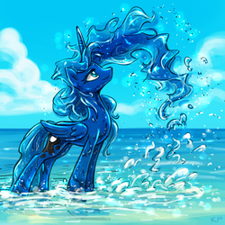 Size: 1600x1600 | Tagged: safe, artist:kp-shadowsquirrel, princess luna, alicorn, pony, g4, cloud, ethereal mane, female, mare, solo, water, wet, wet mane