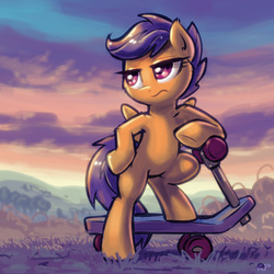 Size: 1600x1600 | Tagged: safe, artist:kp-shadowsquirrel, edit, scootaloo, pegasus, pony, g4, bipedal, bipedal leaning, cool, cropped, female, filly, foal, hoof on hip, leaning, lidded eyes, scootaloo is not amused, scooter, solo, spread wings, standing, unamused, wings
