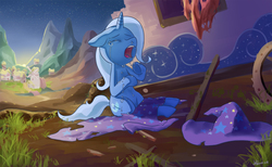 Size: 1559x963 | Tagged: safe, artist:kuang-han, trixie, pony, unicorn, boast busters, g4, cape, clothes, crying, female, hat, mare, night, pixiv, ponyville, sad, solo, the sad and depressive trixie, torn clothes, trixie's cape, trixie's hat, trixie's wagon, wagon