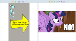 Size: 510x273 | Tagged: safe, derpy hooves, twilight sparkle, alicorn, pony, derpibooru, g4, exploitable meme, female, irony, juxtaposition, juxtaposition win, mare, meme, meta, no, twilight sparkle (alicorn)