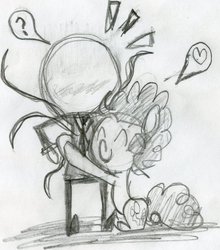 Size: 838x953 | Tagged: safe, artist:blazefeatheroc, pinkie pie, g4, crossover, cute, hug, monochrome, pencil drawing, slenderman