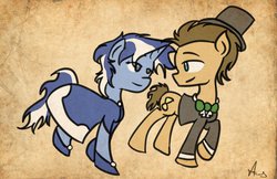 Size: 1111x719 | Tagged: safe, artist:blazefeatheroc, doctor whooves, minuette, time turner, earth pony, pony, unicorn, g4, bowtie, shipping, steampunk