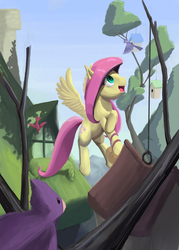 Size: 1016x1420 | Tagged: safe, artist:bakuel, fluttershy, bird, g4, bird house, female, solo