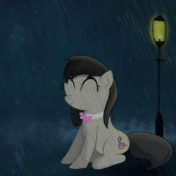 Size: 4000x4000 | Tagged: safe, artist:miaowwww, octavia melody, g4, eyes closed, female, music notes, rain, smiling, solo, streetlight, wet mane, wet mane octavia