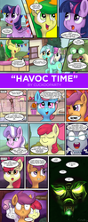 Size: 895x2268 | Tagged: safe, artist:cuckooparty, apple bloom, bon bon, cup cake, diamond tiara, lyra heartstrings, scootaloo, silver spoon, sweetie belle, sweetie drops, twilight sparkle, alicorn, pony, timber wolf, g4, twilight time, comic, cutie mark crusaders, female, mare, twilight sparkle (alicorn)