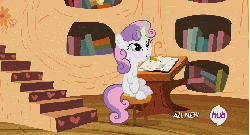 Size: 480x260 | Tagged: safe, screencap, sweetie belle, g4, twilight time, animated, broom, female, hub logo, hubble, journal, magic, mouth hold, pencil, solo, sweetie belle's magic brings a great big smile, the hub