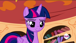 Size: 1920x1080 | Tagged: safe, screencap, twilight sparkle, alicorn, pony, g4, twilight time, female, hub logo, hubble, lidded eyes, mare, solo, twilight sparkle (alicorn)