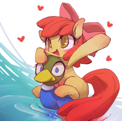 Size: 800x794 | Tagged: safe, artist:kolshica, apple bloom, duck, earth pony, pony, g4, twilight time, adorabloom, blushing, cute, female, filly, floaty, heart, inflatable, looking at you, open mouth, riding, rubber duck, simple background, sitting, smiling, solo, water, waving, white background, wide eyes