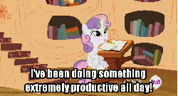 Size: 480x260 | Tagged: safe, screencap, sweetie belle, g4, twilight time, animated, broom, cute, diasweetes, female, hub logo, i have done nothing productive all day, journal, magic, meme, mouth hold, pencil, productive, solo, sweetie belle's magic brings a great big smile