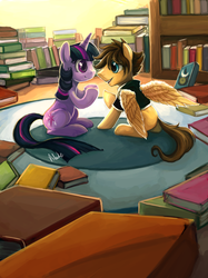 Size: 2710x3615 | Tagged: safe, artist:eiolf, twilight sparkle, fanfic:kingdom hearts of harmony, g4, book, commission, disney, eye contact, golden oaks library, kingdom hearts, kingdom hearts of harmony, library, ponified, sitting, smiling, sora, spread wings, twilight sorakle