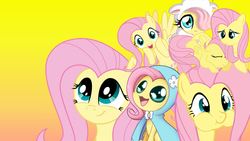 Size: 1080x609 | Tagged: safe, fluttershy, g4, :3, :t, chibi, clothes, costume, cute, filly, foal, gradient background, hair over one eye, open mouth, puffy cheeks, smiling