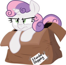 Size: 5000x4931 | Tagged: safe, artist:craftybrony, artist:dfectivedvice, sweetie belle, g4, absurd resolution, cardboard box, colored, female, package, simple background, solo, transparent background, unamused, vector
