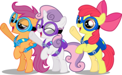 Size: 16877x10429 | Tagged: safe, artist:darlaud, apple bloom, scootaloo, sweetie belle, earth pony, pegasus, pony, unicorn, g4, just for sidekicks, absurd resolution, bipedal, bow, cutie mark crusaders, cutie mark crusading, eyes closed, female, goggles, open mouth, parachute, simple background, transparent background, trio, trio female, vector