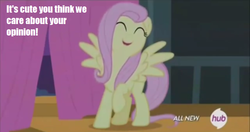 Size: 853x450 | Tagged: source needed, safe, screencap, fluttershy, filli vanilli, g4, caption, female, flutterguy, image macro, mare, meme, sarcasm, solo