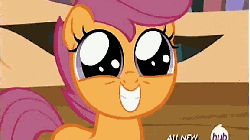 Size: 576x324 | Tagged: safe, screencap, scootaloo, g4, twilight time, animated, cute, cutealoo, eye shimmer, female, grin, hub logo, hubble, smiling, solo, the hub, weapons-grade cute