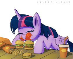 Size: 1000x800 | Tagged: dead source, safe, artist:grissaecrim, twilight sparkle, alicorn, pony, twilight time, :t, adorkable, aweeg*, burger, cute, dork, eating, eyes closed, female, food, french fries, hay burger, hay fries, ketchup, mare, messy, messy eating, puffy cheeks, scene interpretation, smiling, solo, that pony sure does love burgers, that pony sure does love hay fries, twiabetes, twilight burgkle, twilight slobble, twilight sparkle (alicorn)