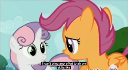 Size: 846x467 | Tagged: safe, screencap, scootaloo, sweetie belle, g4, my little pony: friendship is magic, twilight time, hub logo, meme, youtube caption