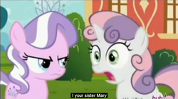 Size: 847x470 | Tagged: safe, screencap, diamond tiara, sweetie belle, g4, twilight time, hub logo, meme, plot twist, youtube caption