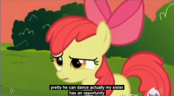 Size: 847x467 | Tagged: safe, screencap, apple bloom, earth pony, pony, g4, twilight time, female, hub logo, meme, solo, youtube caption