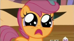 Size: 1014x572 | Tagged: safe, screencap, scootaloo, g4, twilight time, d:, female, frown, golden oaks library, hub logo, open mouth, sad, solo