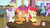 Size: 1318x731 | Tagged: safe, screencap, apple bloom, berry punch, berryshine, goldengrape, minuette, scootaloo, sir colton vines iii, sweetie belle, earth pony, pegasus, pony, unicorn, g4, twilight time, cutie mark crusaders, fast food, hay burger, hub logo, male, ponies standing next to each other, stallion