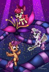 Size: 1200x1765 | Tagged: safe, artist:esuka, apple bloom, scootaloo, sweetie belle, g4, twilight time, broom, crepuscular rays, cutie mark crusaders, flying, flying broomstick, levitation, looking down, looking up, magic, open mouth, plant, smiling, telekinesis, tongue out, unicycle
