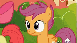 Size: 576x324 | Tagged: safe, screencap, apple bloom, scootaloo, earth pony, pegasus, pony, g4, twilight time, animated, apple bloom's bow, blank flank, bow, cute, cutealoo, female, filly, flapping, flapping wings, fluttering, foal, gif, hair bow, hub logo, hubble, loop, talking, the hub, wings